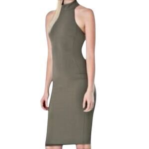 Bebe Halter Mock Neck Strappy Back Bodycon Dress Olive Green Size XS
